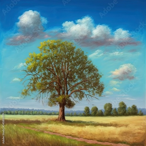 Oil paintings rural landscape. Fine art, landscape with tree and sky