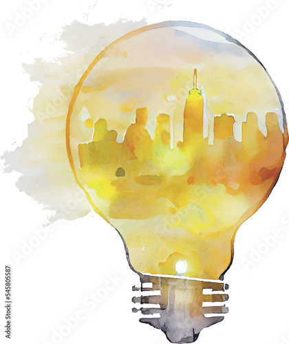 イラスト素材:電球と都市のイメージの水彩イラスト