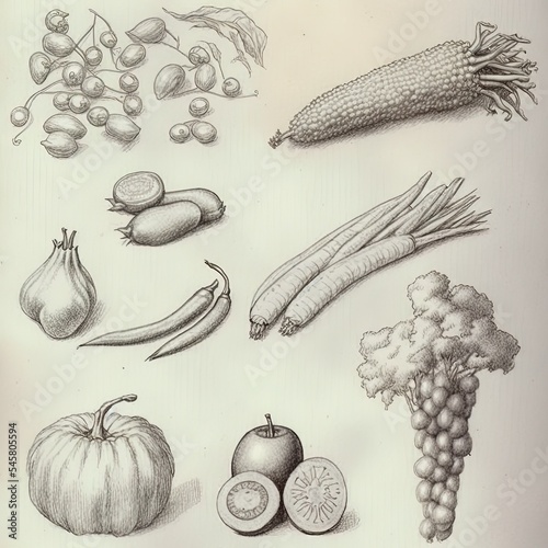 Study of vegetable and fruit drawing