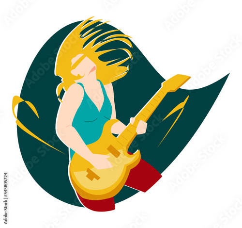 female guitarist pose with long hair. suitable for band, music, solo, rock, print, sticker, poster, background, t-shirt design, etc. flat vector illustration