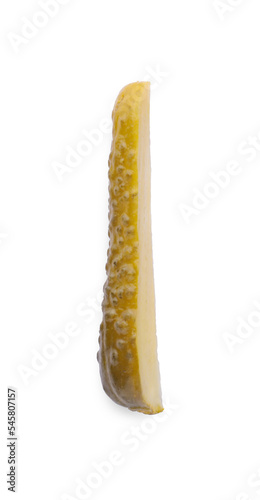 Piece of tasty pickled cucumber on white background, top view