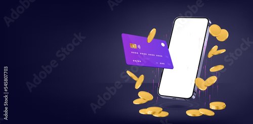 Banner with 3D Smartphone, card and coins. Mobile phone in business concept - online banking, payments, earnings, cashback, shopping. 3D smartphone mockup with coins and credit or debit card. Vector