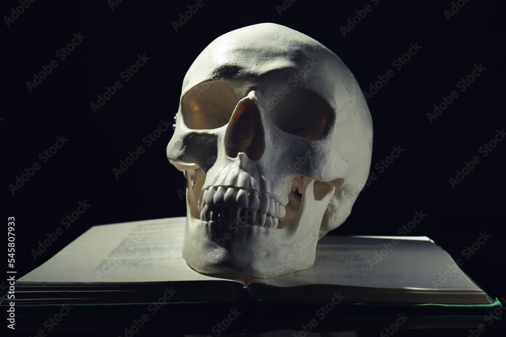 White human skull with book on black background White human skull with book on black background