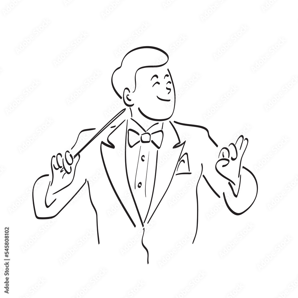 Conductor of symphony orchestra illustration vector hand drawn isolated on white background line art. Conductor of symphony orchestra illustration vector hand drawn isolated on white background line art.