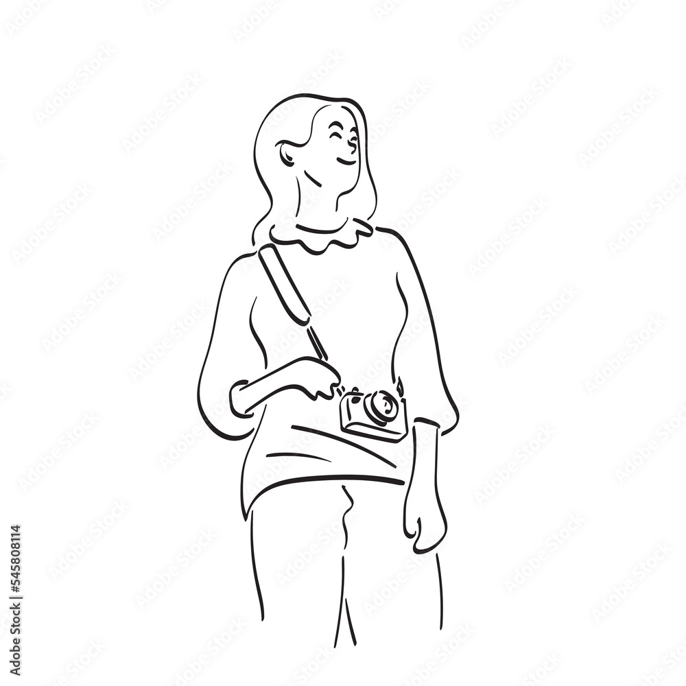 woman with compact camera illustration vector hand drawn isolated on ...