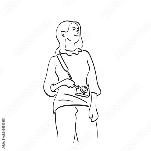 woman with compact camera illustration vector hand drawn isolated on white background line art.