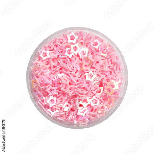 Pink sequins in shape of stars on white background, top view