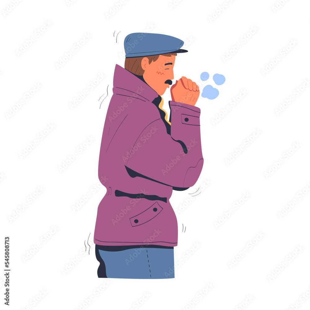 Man freezing wearing warm clothes. Guy warming hands during winter or autumn season trying to warm cartoon vector illustration Man freezing wearing warm clothes. Guy warming hands during winter or autumn season trying to warm cartoon vector illustration