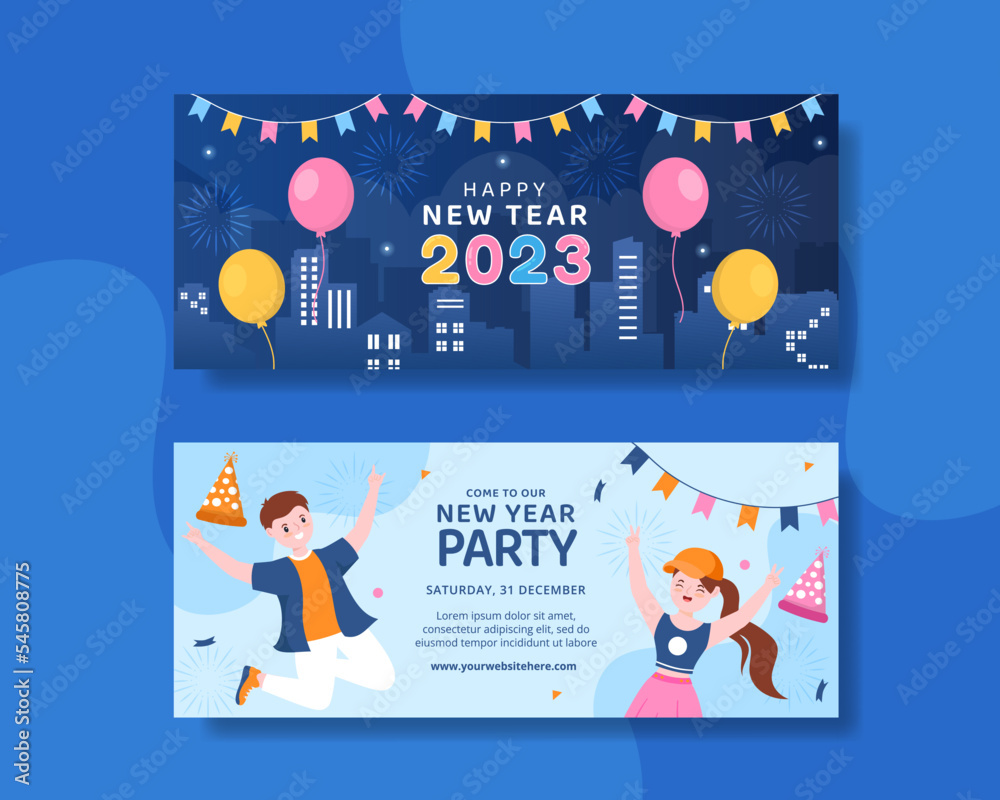 Happy New Year Celebration Horizontal Banner Flat Cartoon Hand Drawn