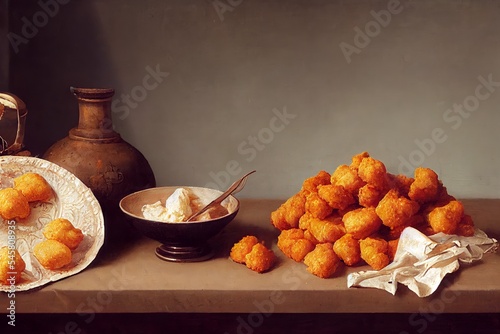 Classical Still Life of Chicken Nuggets. [Digital Art Illustration, Sci-Fi or Fantasy Style Background, Humorous Greeting Card Image] photo