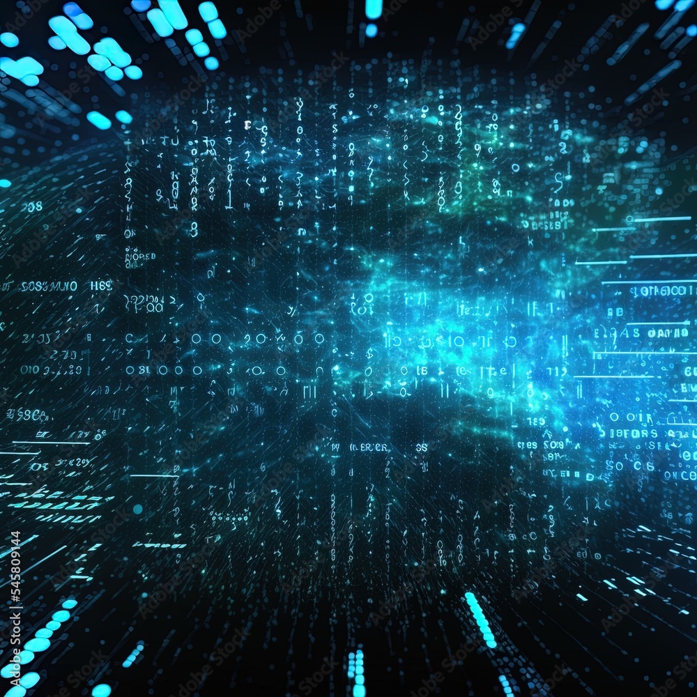 Futuristic abstract de focus flowing data matrix, meta, metaverse, telemetry and encrypt numbers display with particles simulation in cyber space environment for head up display background