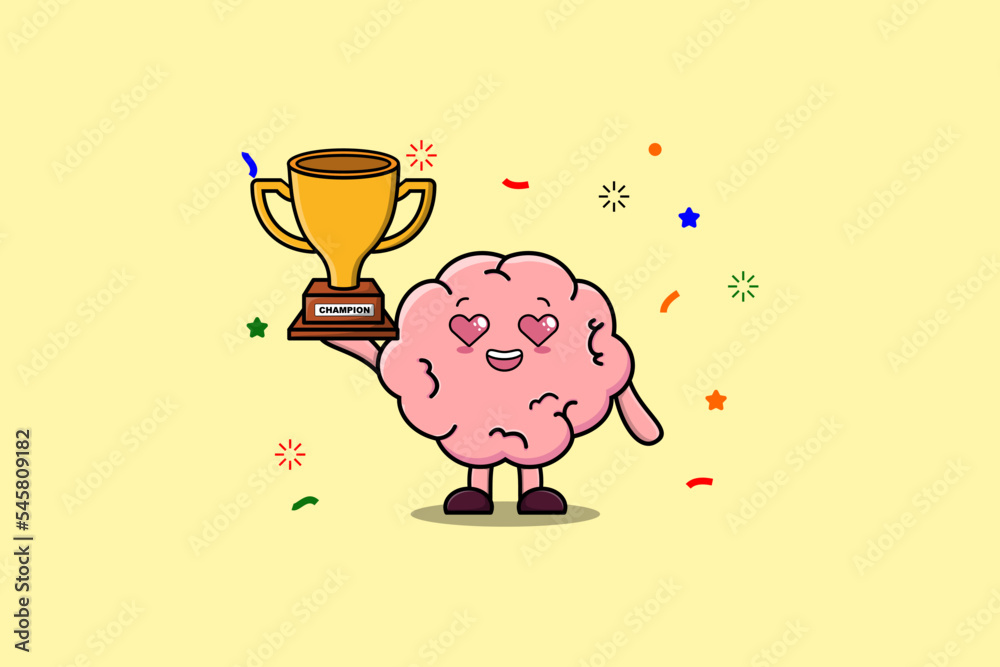 Cute Cartoon character illustration of Brain is holding up the golden trophy in illustration Cute Cartoon character illustration of Brain is holding up the golden trophy in illustration