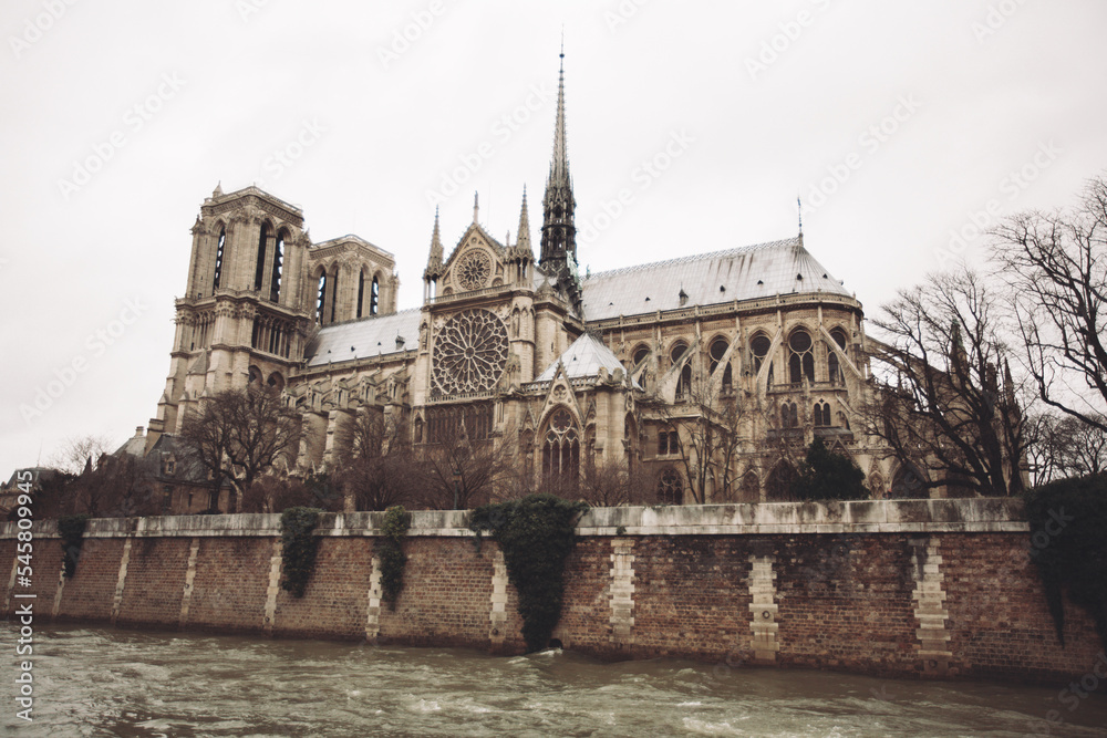 Paris, France, Notre Dame de Paris facade, city panorama with river view.