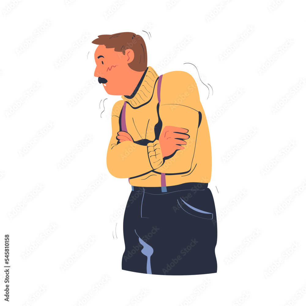Man freezing and shivering wearing knitted sweater. Guy standing with folded hands trying to warm during winter or autumn season cartoon vector illustration Man freezing and shivering wearing knitted sweater. Guy standing with folded hands trying to warm during winter or autumn season cartoon vector illustration