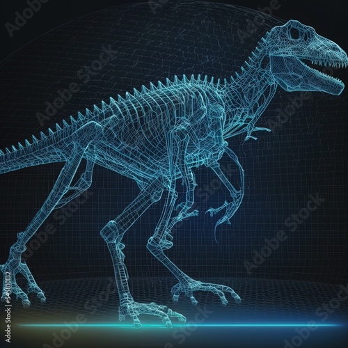 Dinosaur TRex Skeleton in Hologram Wireframe Style. Nice 3D Rendering