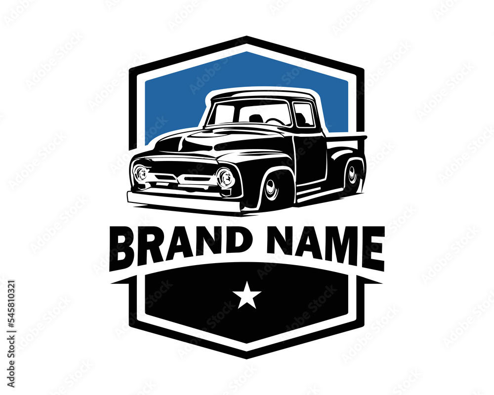 Classic Retro Pickup Truck logo isolated on white background shown from side. vector illustration available in eps 10.