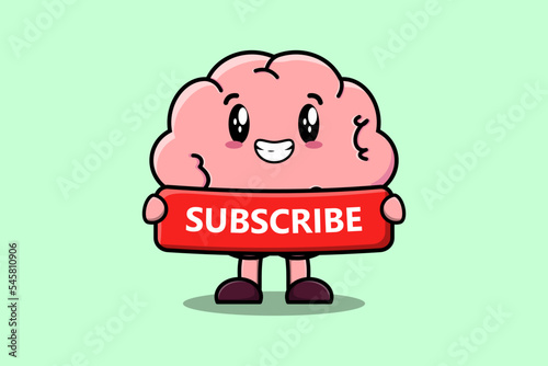 Cute cartoon Brain character holding red subscribe board