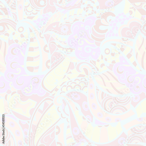 Tracery seamless pattern. Mehndi design. Pastel. 6 colors. Ethnic doodle texture. Curved doodling background. Vector