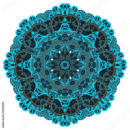 Mandala. Tracery wheel image. Mehndi design. Dark toxic colors. Ethnic doodle art. Curved doodling picture. Vector