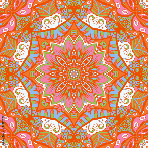 Seamless tile texture. Tracery mehndi design image. Ethnic doodle art. Curved doodling picture. Vector