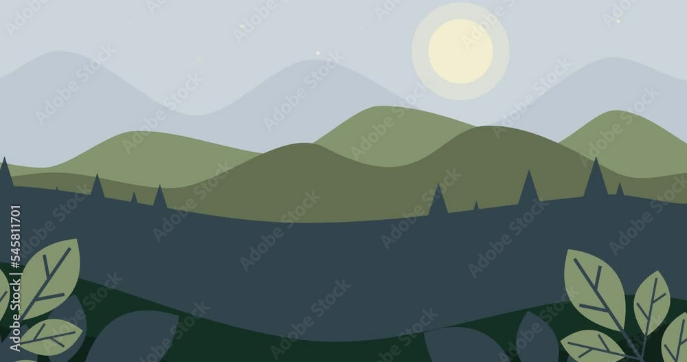 animated dark green gradient nature background of mountains and leaves