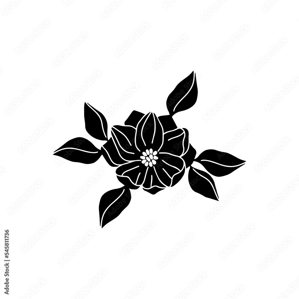 Magnolia flower silhouette vector illustration. Black hand drawn botanical painting isolated on white background. Floral element. Tropical design for card, invitation, print.