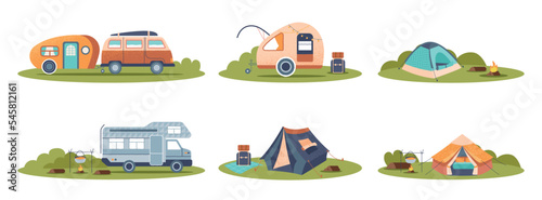 Camping trailers set. Collection of tents, travel and adventure. Active recreation, leisure and lifestyle. Tourism, trip and hiking. Cartoon flat vector illustrations isolated on white background