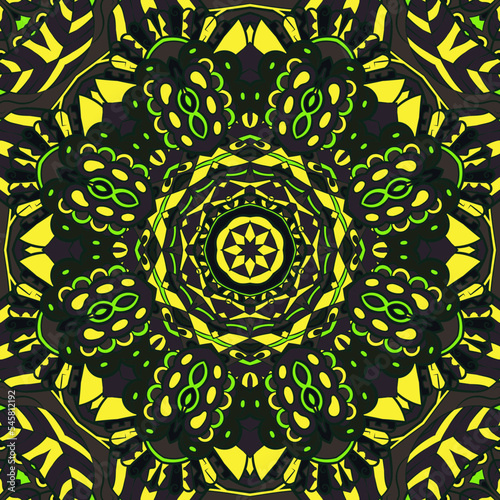 Seamless tile texture. Tracery mehndi design image. Dark toxic colors. Ethnic doodle art. Curved doodling picture. Vector