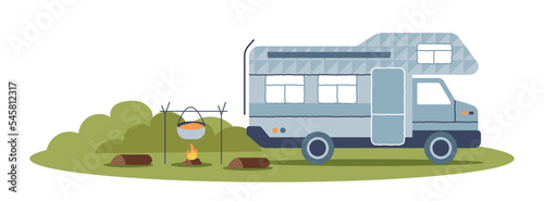 Camping trailer concept. Large gray van stands by campfire, active lifestyle and recreation. Poster or banner for website hiking and weekend outdoors, sports. Cartoon flat vector illustration © Rudzhan