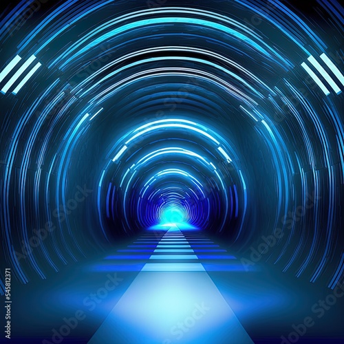 Abstract tunnel  corridor with rays of light and new highlights. Abstract blue background  neon. Scene with rays and lines  Round arch  light in motion  night view. 3D illustration.