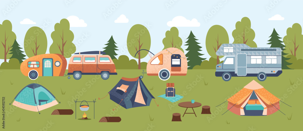 Camping trailers outdoor. Tents and vans on field. Poster or banner for  website. Travel and adventure, hiking and camping. Active lifestyle, hobby  and leisure. Cartoon flat vector illustration Stock Vector | Adobe