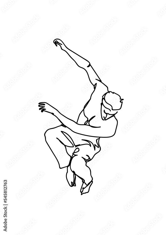 Continuous line drawing of jumping happy man. Young attractive male jump looks happy and freedom isolated on white background. Continuous line drawing of jumping happy man. Young attractive male jump looks happy and freedom isolated on white background.