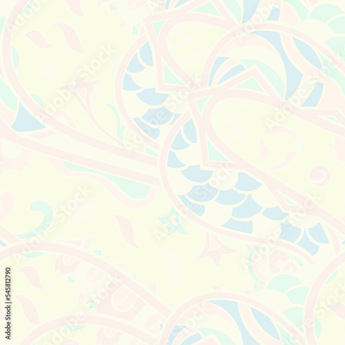 Tracery seamless pattern. Mehndi design. Pastel. 6 colors. Ethnic doodle texture. Curved doodling background. Vector