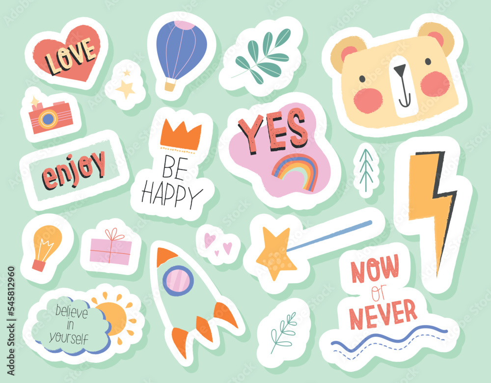 Doodle copy sticker set. Collection of graphic elements for website. Heart, bear head and balloon. Rocket, lightning and magic wand. Cartoon flat vector illustrations isolated on green background Doodle copy sticker set. Collection of graphic elements for website. Heart, bear head and balloon. Rocket, lightning and magic wand. Cartoon flat vector illustrations isolated on green background