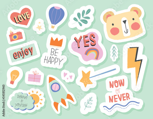Doodle copy sticker set. Collection of graphic elements for website. Heart  bear head and balloon. Rocket  lightning and magic wand. Cartoon flat vector illustrations isolated on green background