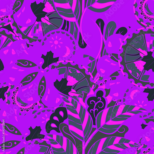 Tracery seamless pattern. Mehndi design. Dark sharp colors. 6 colors. Ethnic doodle texture. Curved doodling background. Vector