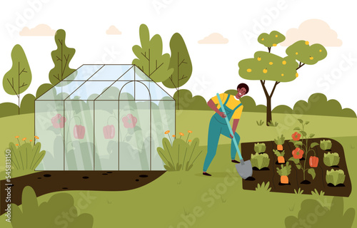 Greenhouse in garden. Man with shovel planting plants and vegetables. Farming and agriculture, harvesting, countryside and rural landscape. Poster or banner. Cartoon flat vector illustration
