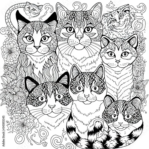 Wallpaper Mural Coloring page with composition of hand drawn decorative cats