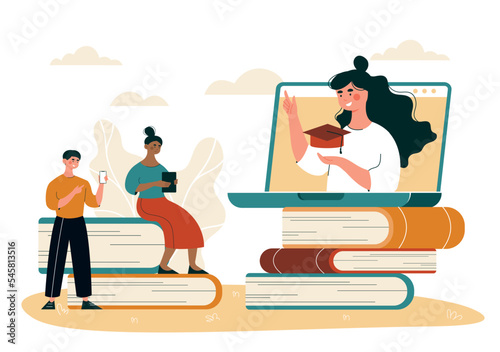 Online lesson concept. Man and woman sit on books and watch online course. Distance education, learning and training. Teacher gives lecture on internet to students. Cartoon flat vector illustration