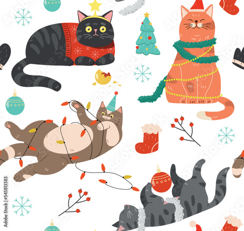 Pattern with Christmas cats. Design element for printing on fabric, gift wrapping. Winter holidays, culture and traditions. Kittens play with garland and santa hat. Cartoon flat vector illustration