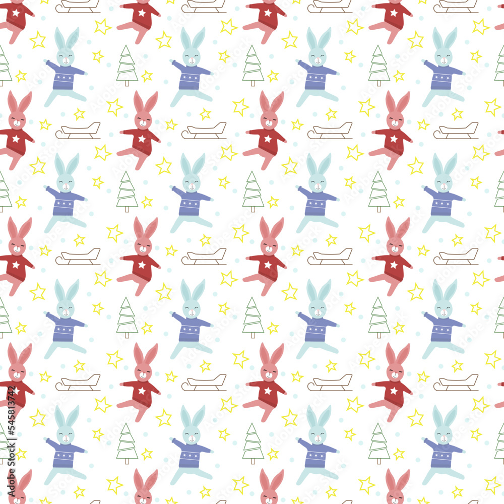 Pattern with multi-colored rabbits, sled and Christmas tree. Vector over white background. Symbol of the new year. For the design of packaging, clothing, brochures and covers, cards and invitations, a