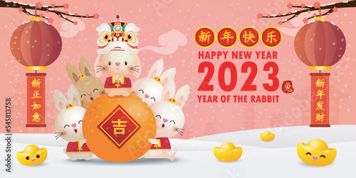 Happy Chinese new year 2023 greeting card Cute Little rabbit and lion dance holding mandarin orange, year of the rabbit zodiac, gong xi fa cai, Cartoon background illustration, text happy new year