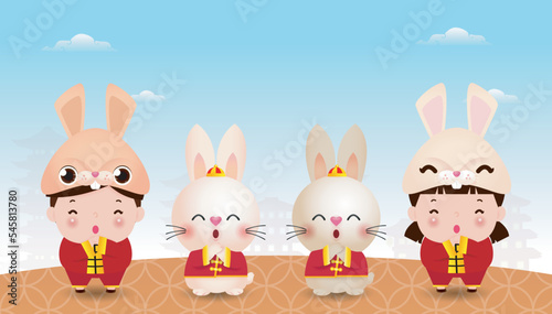 Happy Chinese new year 2023 banner template year of the rabbit zodiac with little kids and bunny greeting gong xi fa cai, brochure, calendar background vector design, Translation happy new year