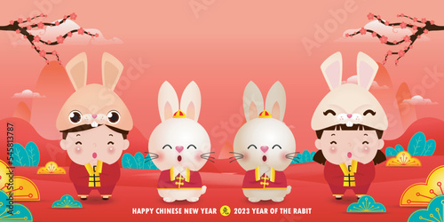 Happy Chinese new year 2023 banner template year of the rabbit zodiac with little kids and bunny greeting gong xi fa cai, brochure, calendar background vector design, Translation happy new year