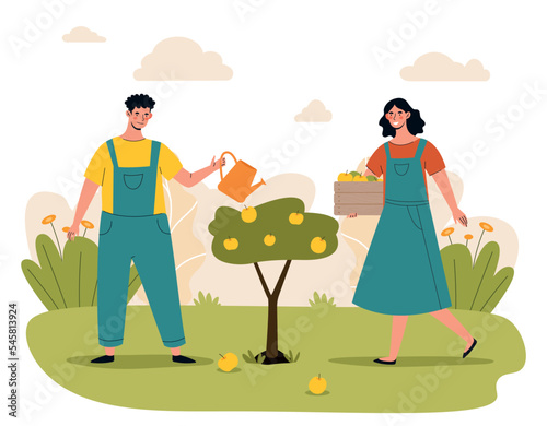 Watering plants concept. Man and woman next to fruit tree. Young guy and girl picking apples. Farming and agriculture, harvest. Love for nature and ecology metaphor. Cartoon flat vector illustration