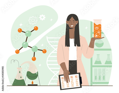 Woman in science. Girl stands next to molecule and holds susubstance in hand. Scientific experiment in laboratory, drug development and study of chemical reactions. Cartoon flat vector illustration