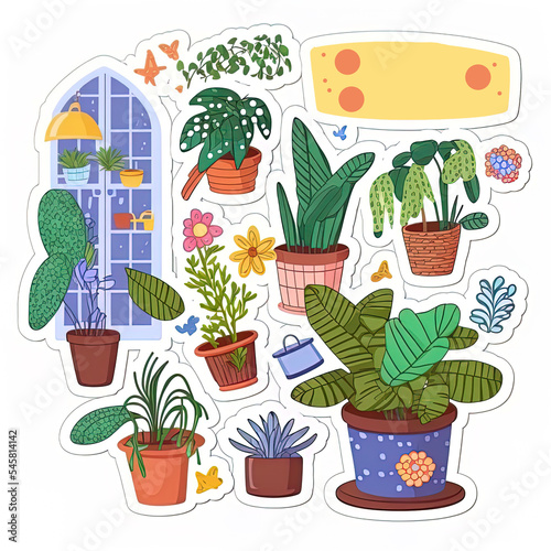 Home plant and urban jungle cute stickers . Cute sticky labels decorated with cartoon image. Signs, symbols, objects of indoor plants and flowers. Flat Art Rastered Copy Illustration