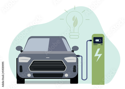 Eco friendly refueling. Machine charging, modern technology and innovation. Reducing emission of harmful substances into atmosphere. Caring for nature and ecology. Cartoon flat vector illustration