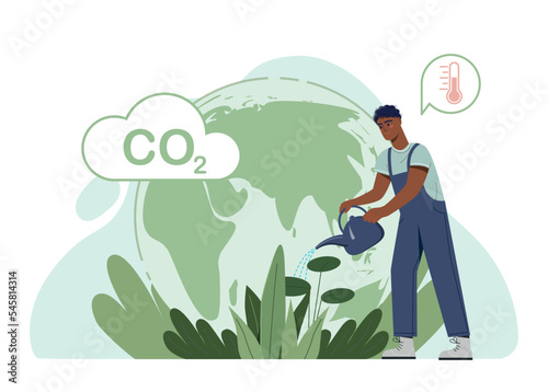Man watering plants. Guy takes care of raw and color, oxygen production and CO2 recycling, reducing emission of harmful substances. Caring for nature and environment. Cartoon flat vector illustration