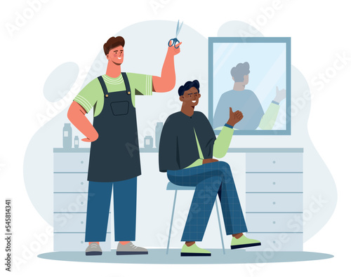 Man at hairdresser. Young guy at specialist appointment, beauty, fashion and style concept. Aesthetics and elegance. Service industry, poster or banner for website. Cartoon flat vector illustration